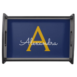 Navy Blue Gold Modern Script Girly Monogram Name Serving Tray