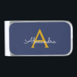 Navy Blue Gold Modern Script Girly Monogram Name Silver Finish Money Clip<br><div class="desc">Gold and Navy Blue Simple Script Monogram Name Money Clip. This makes the perfect graduation,  sweet 16 birthday,  wedding,  bridal shower,  anniversary,  baby shower or bachelorette party gift for someone that loves glam luxury and chic styles.</div>