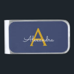 Navy Blue Gold Modern Script Girly Monogram Name Silver Finish Money Clip<br><div class="desc">Gold and Navy Blue Simple Script Monogram Name Money Clip. This makes the perfect graduation,  sweet 16 birthday,  wedding,  bridal shower,  anniversary,  baby shower or bachelorette party gift for someone that loves glam luxury and chic styles.</div>