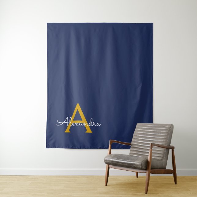 Navy Blue Gold Modern Script Girly Monogram Name Tapestry (In Situ)