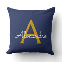 Navy Blue Gold Modern Script Girly Monogram Name Throw Pillow
