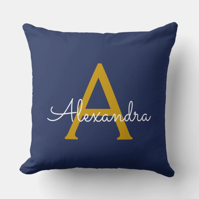 Navy Blue Gold Modern Script Girly Monogram Name Throw Pillow (Front)