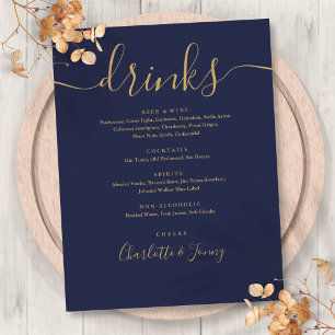 Navy Blue Gold Modern Script Wedding Drinks Menu Flyer