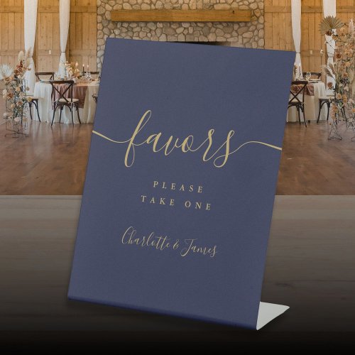 Navy Blue Gold Modern Script Wedding Favors Table Pedestal Sign