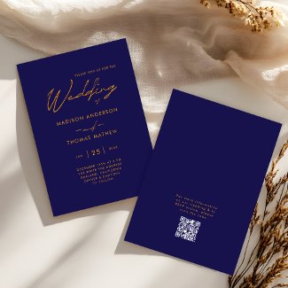 Navy Blue Gold Modern Typography RSVP Wedding