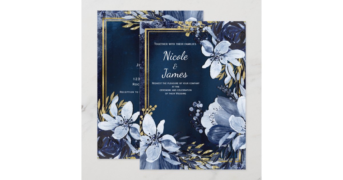 Navy Blue & Gold Modern Watercolor Floral Wedding Invitation | Zazzle