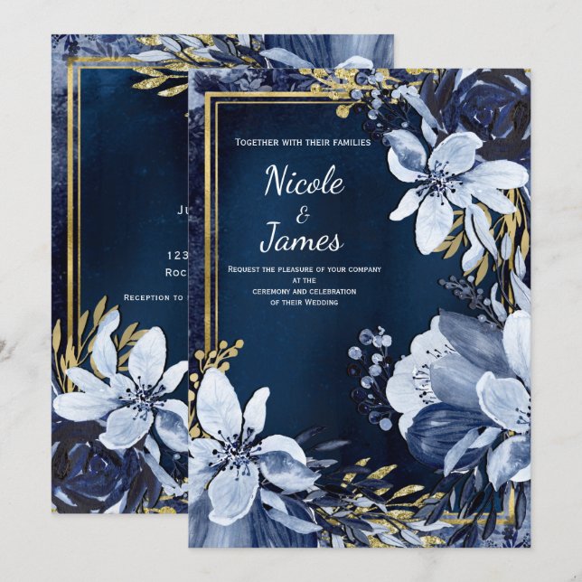 Navy Blue & Gold Modern Watercolor Floral Wedding Invitation (Front/Back)