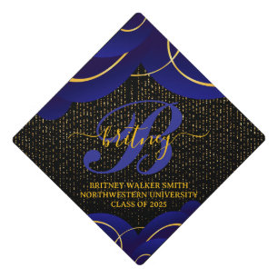 Navy Blue Gold Monogram Agate Graduation Cap Topper