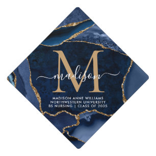 Navy Blue Gold Monogram Agate Graduation Grad Cap Topper
