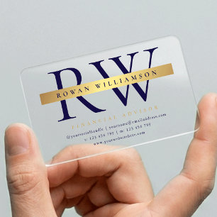 Navy Blue & Gold Monogram Corporate Transparent Clear Business Cards