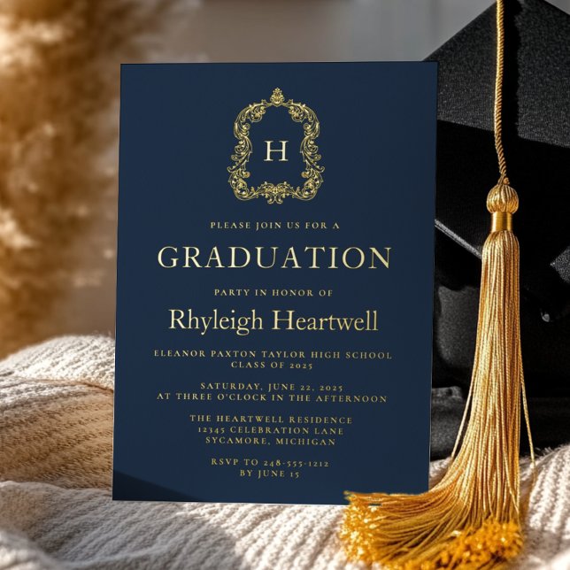 Navy Blue Gold Monogram Crest Graduation Party Foil Invitation (Creator Uploaded)