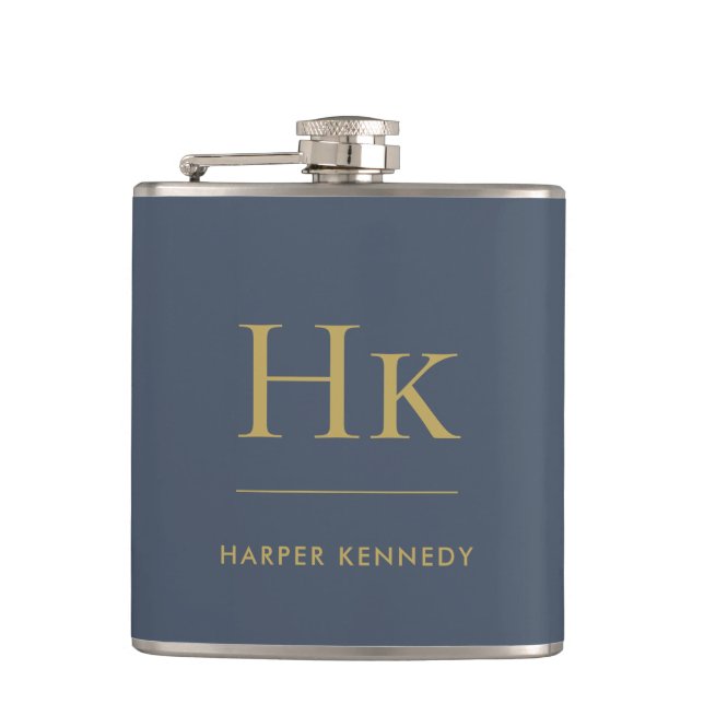 Navy Blue Gold Monogram Elegant Personalized  Flask (Front)