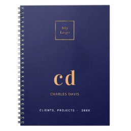 Navy blue gold monogram initials business logo notebook