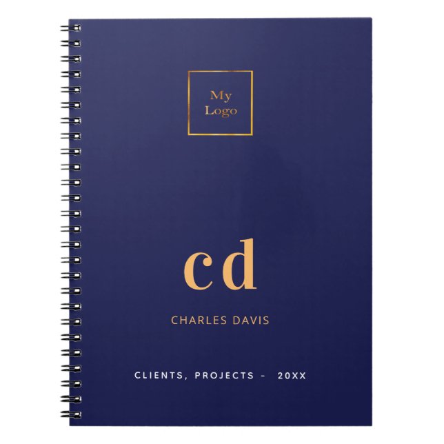 Navy blue gold monogram initials business logo notebook (Front)