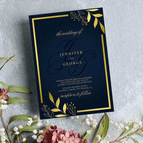 Navy blue gold monogram initials floral wedding  invitation