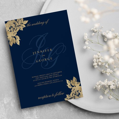 Navy blue gold monogram initials floral wedding invitation