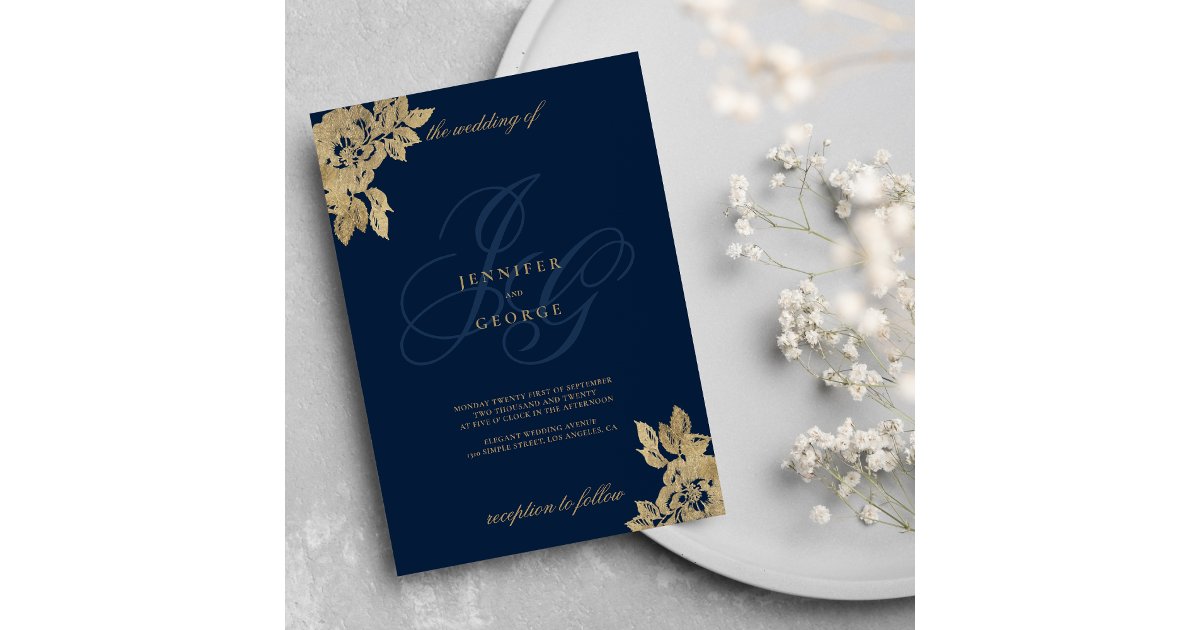Navy blue gold monogram initials floral wedding invitation | Zazzle