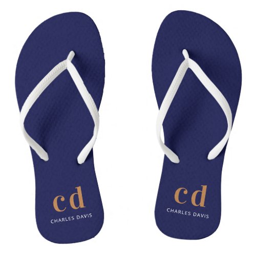 Navy blue gold monogram initials name  flip flops