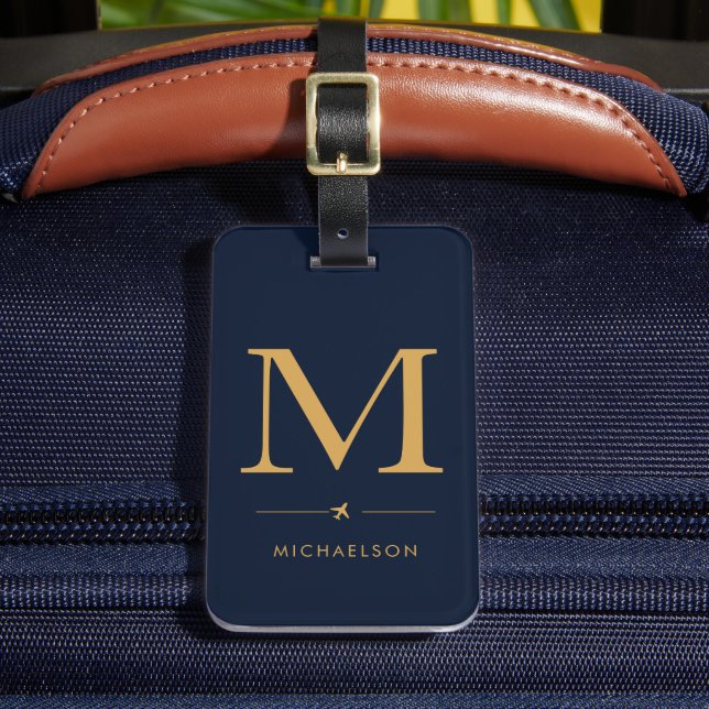 Navy Blue Gold Monogram Luggage Tag (Front Insitu 2)