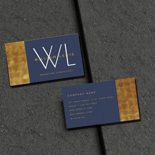 Navy Blue Gold Monogram Modern Minimalist Business Card