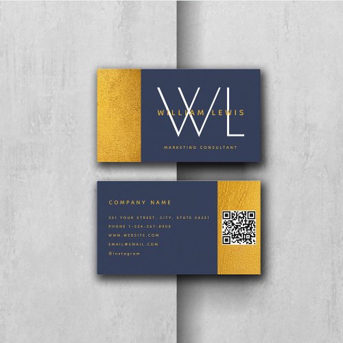 Navy Blue Gold Monogram Modern Minimalist QR Code Business Card