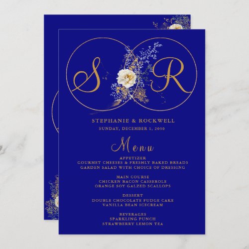 Navy Blue Gold Monogram Name Initial Wedding Menu