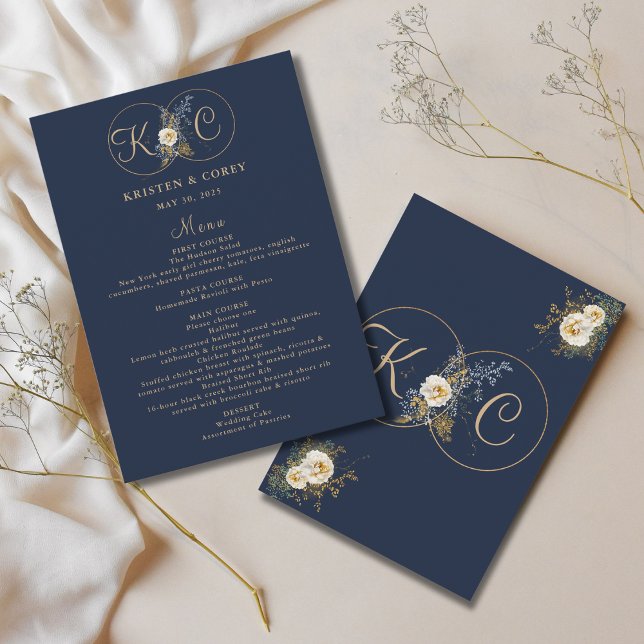 Navy Blue Gold Monogram Name Initial Wedding Menu (Creator Uploaded)