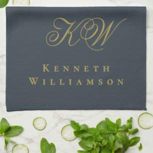 Navy Blue Gold Monogram Name Minimalist Chic Men Kitchen Towel