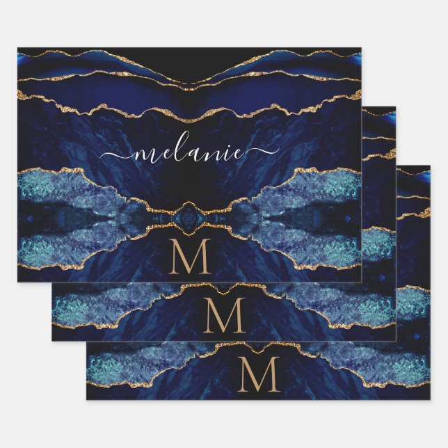 Navy Blue Gold Monogram Name Wrapping Paper Sheets (Set)