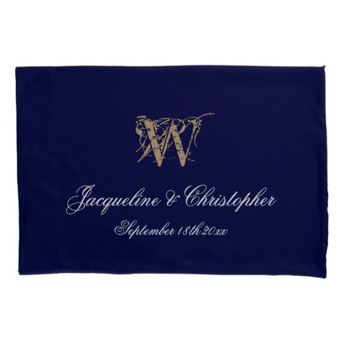 Navy Blue Gold Monogram  Names Newlywed Wedding Pillow Case