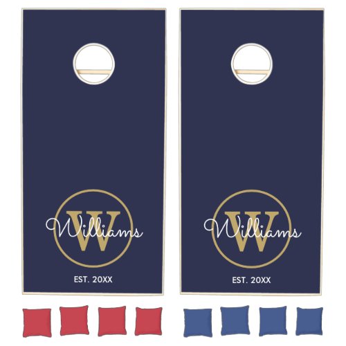 Navy Blue Gold Monogram Script Family Name Cornhole Set