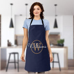 Navy Blue Gold Monogram Script Name Apron<br><div class="desc">Modern stylish navy blue and gold script name monogram apron. You can personalize the name and monogram initial to create your own unique design. Designed by Thisisnotme©</div>