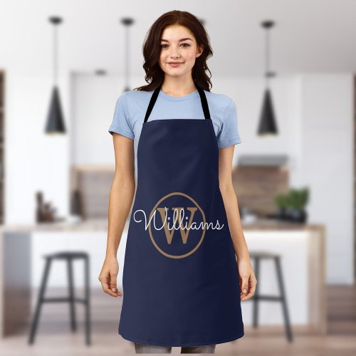 Navy Blue Gold Monogram Script Name Apron