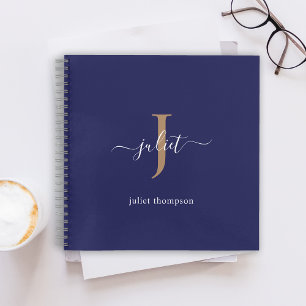 Navy Blue Gold Monogram Simple Minimalist Chic Notebook