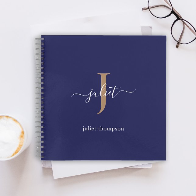 Navy Blue Gold Monogram Simple Minimalist Chic Notebook (Creator Uploaded)