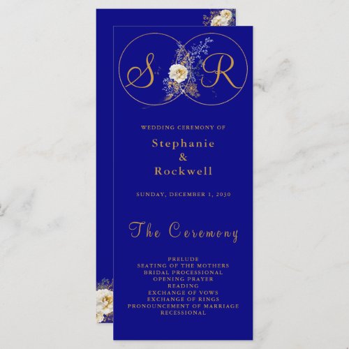 Navy Blue Gold Monogram Wedding Program 