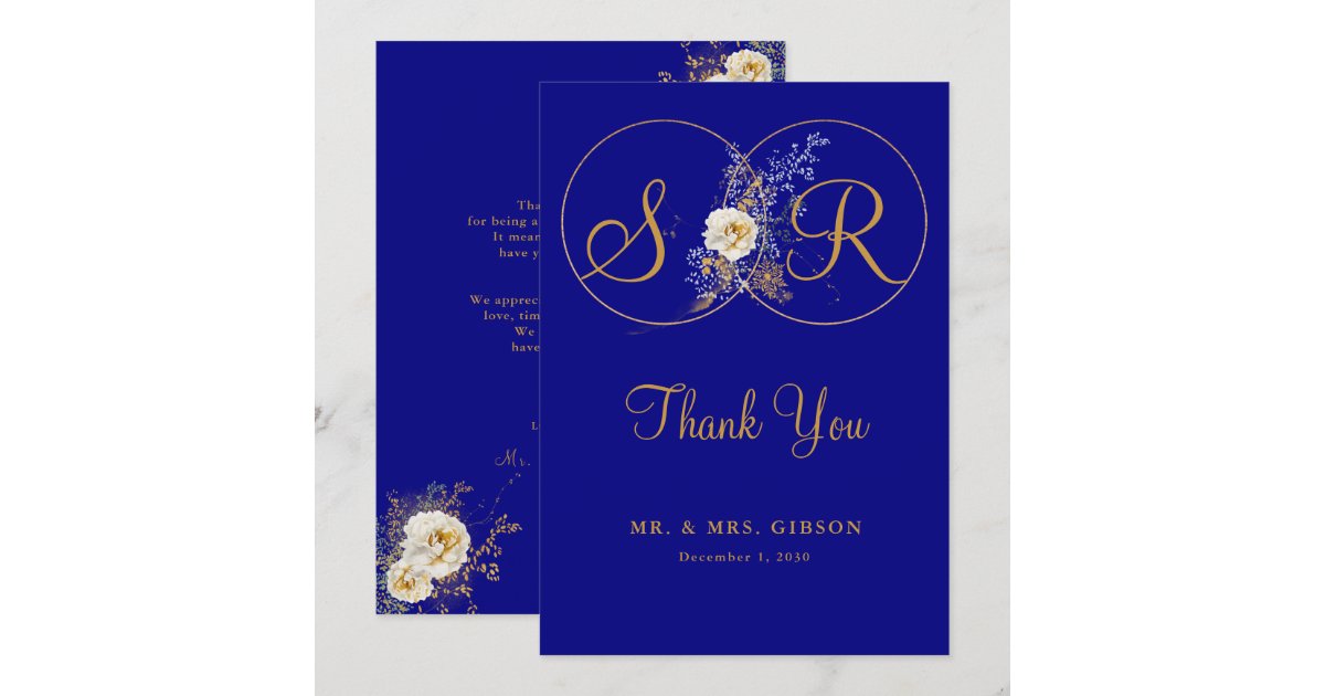 Navy Blue Gold Monogram Wedding Thank You Card | Zazzle