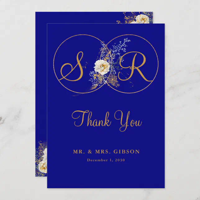 Navy Blue Gold Monogram Wedding Thank You Card Zazzle