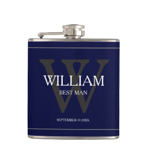 Navy Blue Gold Monogram White Name Best Man Gift  Flask
