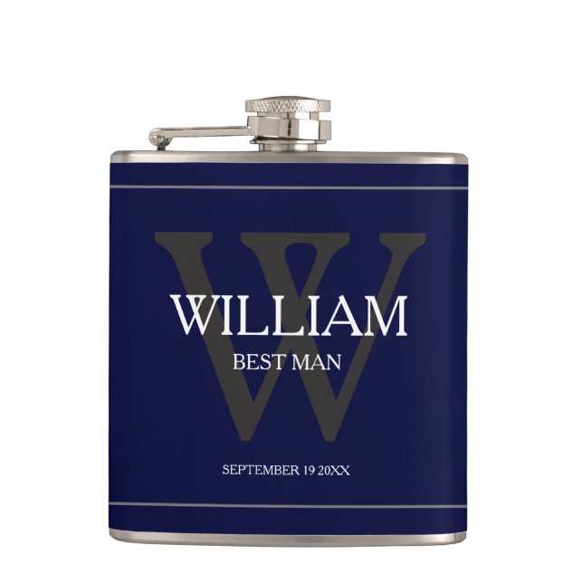 Navy Blue Gold Monogram White Name Best Man Gift  Flask (Front)