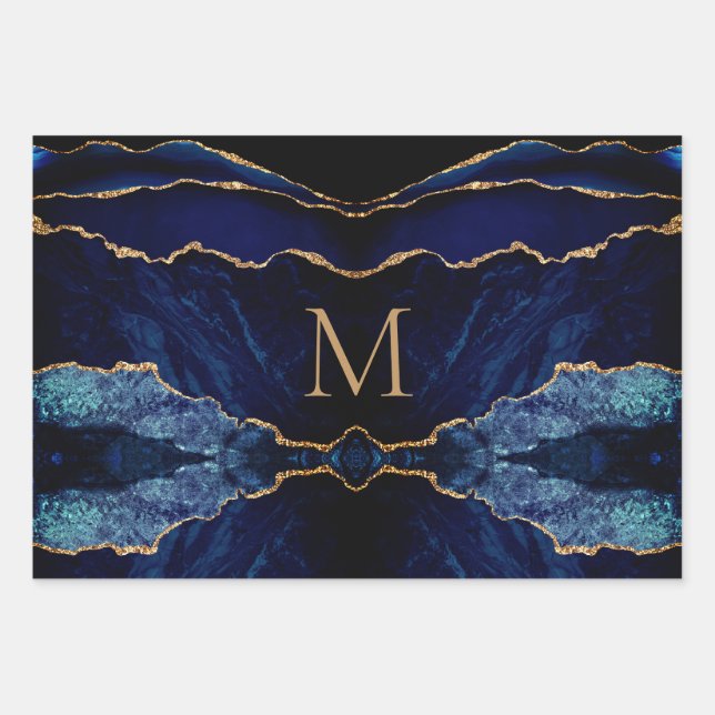 Navy Blue Gold Monogram Your Wrapping Paper Sheets (Front 2)