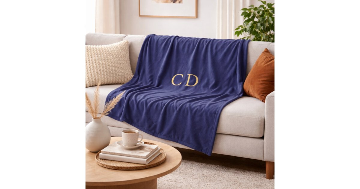 Navy blue gold monogrammed initials luxury fleece blanket | Zazzle