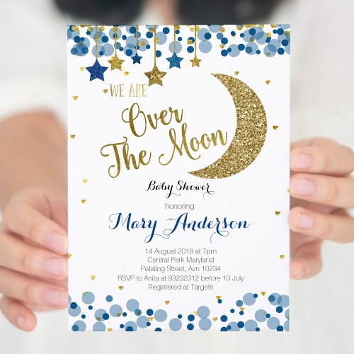 Navy Blue Gold Moon Baby Shower Invitation