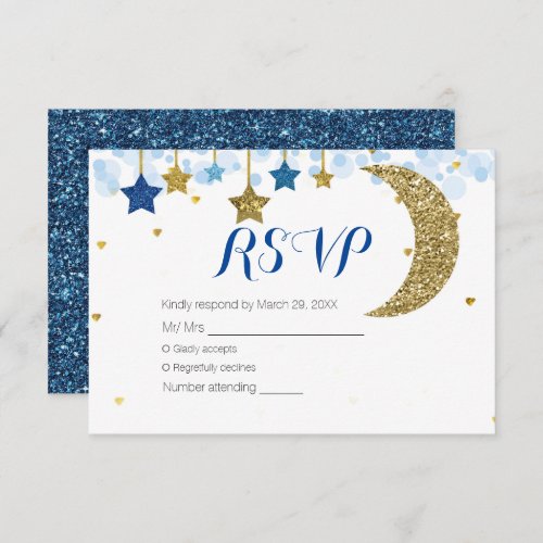 Navy Blue Gold Moon Baby Shower RSVP Card