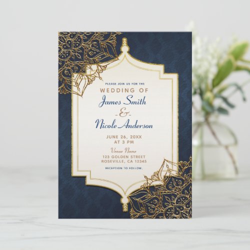 Navy Blue  Gold Moroccan Arabian Nights Wedding Invitation