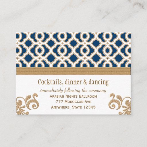 Customizable Navy Blue Gold Moroccan Reception Enclosure Card Business Card Templates