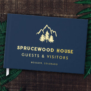 Navy Blue Gold Mountains Pines BnB Rental Cabin Foil Guest Book