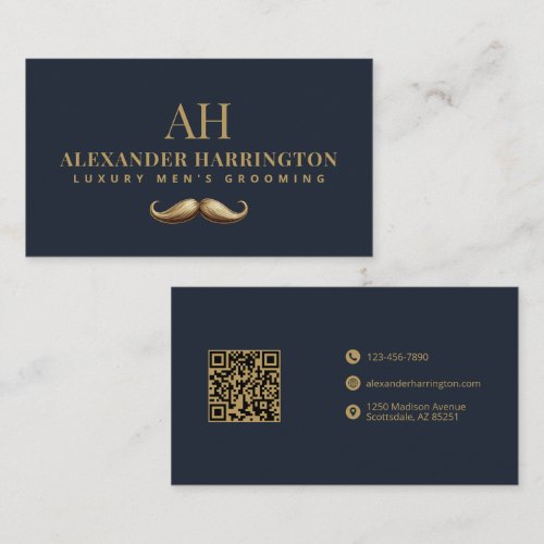 Navy Blue Gold Mustache Luxury Mens Grooming Business Card