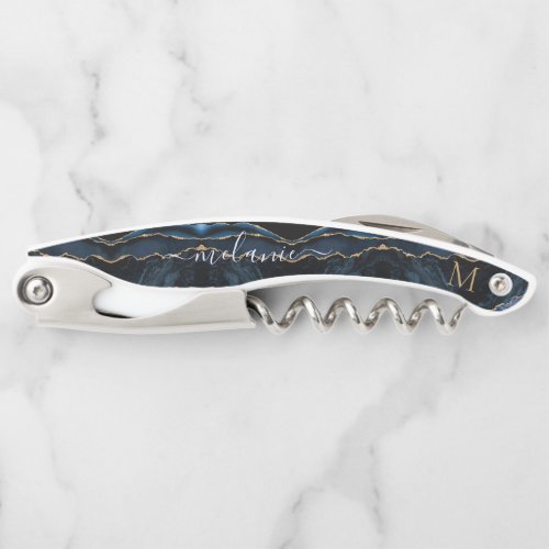 Navy Blue Gold Name Letter Waiters Corkscrew