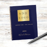 Navy blue gold name script business logo 2024 planner<br><div class="desc">A stylish,  classic navy blue background.  Personalize and add your business,  company logo,  a text,  year and personal name.  Golden letters.  If you want it without text,  use your back-space key to delete.
Add your own website address on the back.</div>